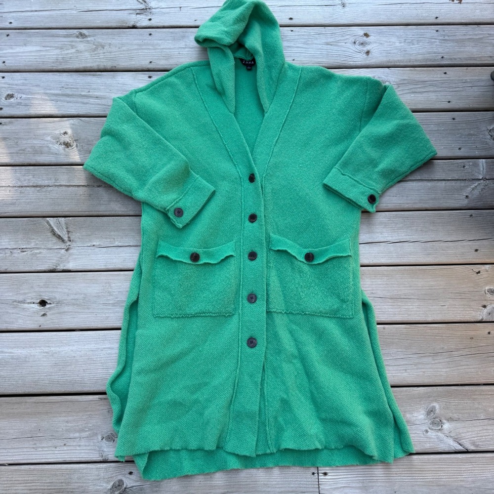 J.NNA Womens Green Hooded Cardigan Sweater Longline Button Front Size L